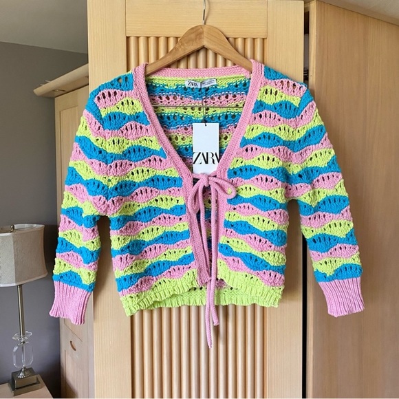 Zara crochet chunky knit tie front cardigan pink blue green - Picture 5 of 9